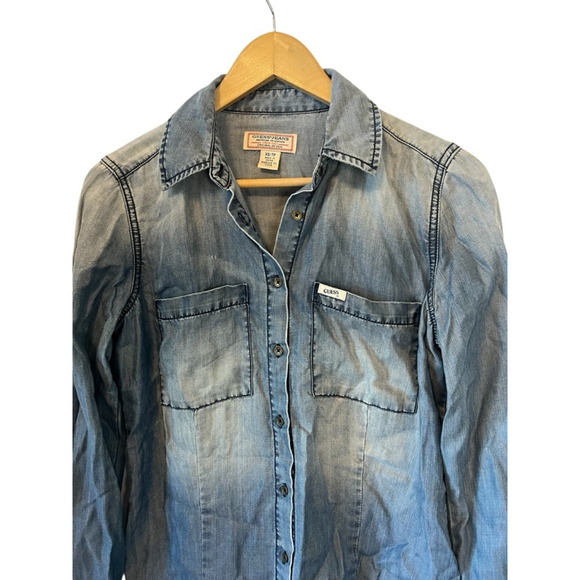 Guess Jeans Chambray Button Up Shirt XS Long Sleeve Tencel Denim Top - Picture 2 of 9